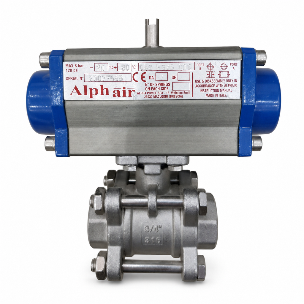 Alphair pneumatic actuator with stainless steel threaded ball valve — front view
