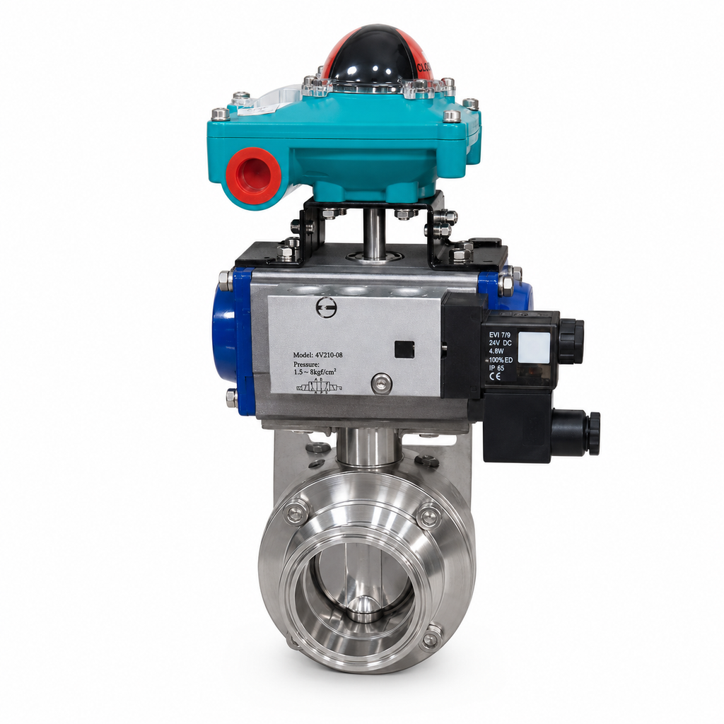 Sanitary butterfly valve with actuator on white background